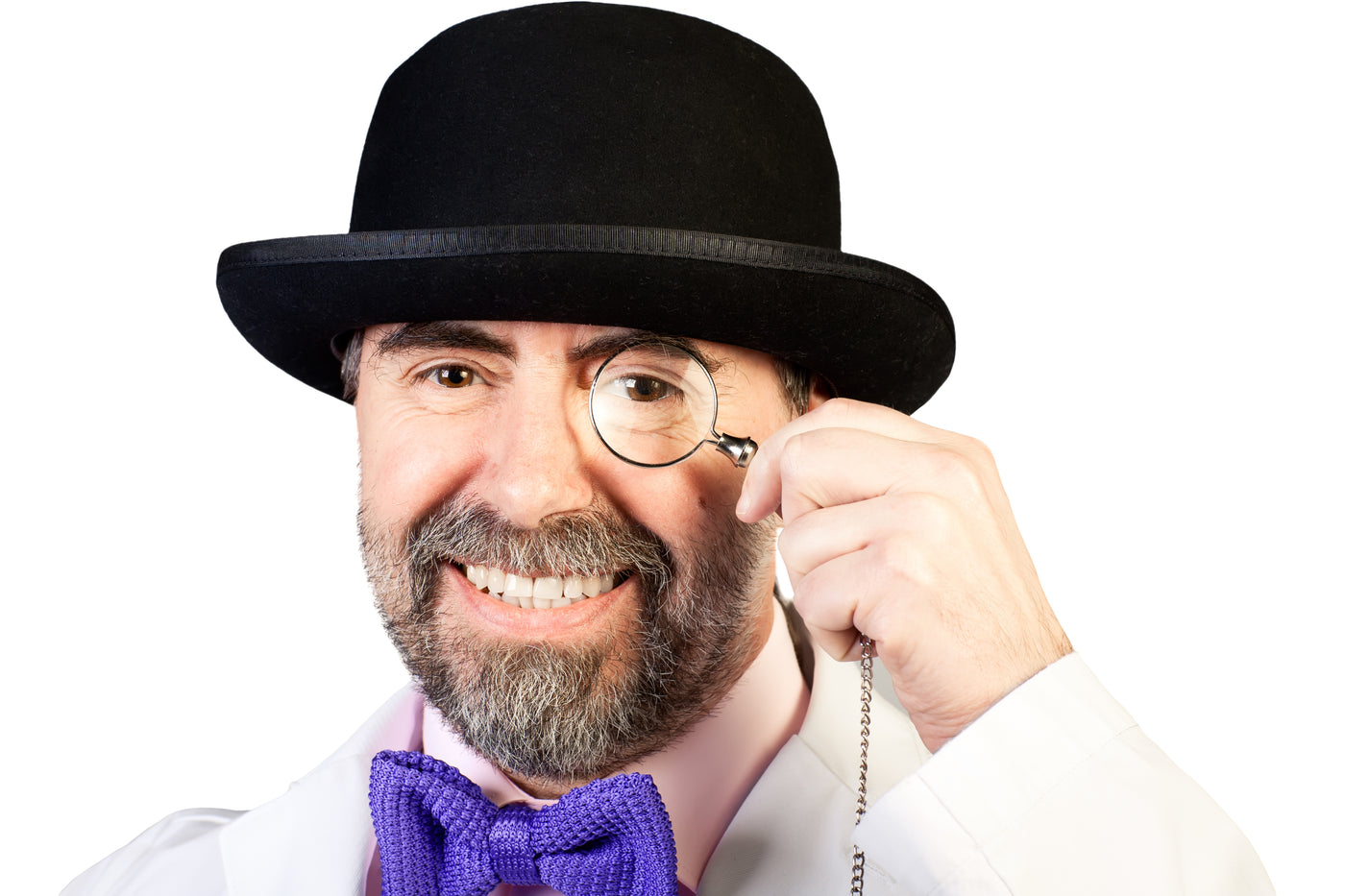 Portrait of happy middle-aged man in a hat with a monocle